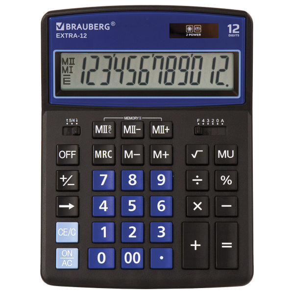 Калькулятор настольный BRAUBERG EXTRA-12-BKBU (206x155мм), 12 разрядов, ЧЕРНО-СИНИЙ, 250472