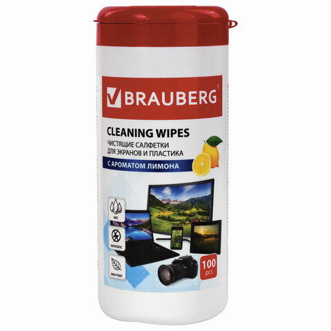 Салфетки для экранов всех типов и пластика BRAUBERG с ароматом "ЛИМОН", туба 100 шт., влажные, 51168