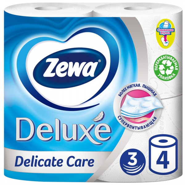 Бумага туалетная Zewa "Deluxe" 3-х слойная, 4шт. х18м, Ромашка/Цветы, с тиснением