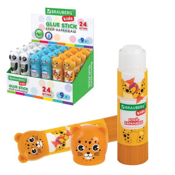 Клей-карандаш BRAUBERG KIDS 9 г "Зверята: панда, слон и леопард", фигурный колпачок