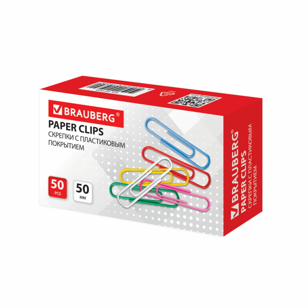 Скрепки BRAUBERG 50 мм цветные, 50 шт., в карт. коробке