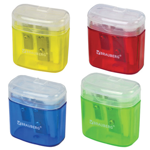 Точилка BRAUBERG "Chief" с контейнером, пластиковая, прямоугольная, 2 отверстия, с крышкой, ассорти