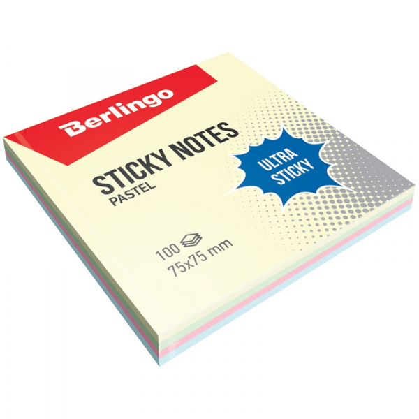 Блок самоклеящийся Berlingo "Ultra Sticky" 75*75мм 100л,, 4 пастельных цвета LSn_39601