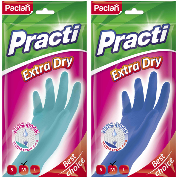 Перчатки резиновые Paclan "Practi Extra Dry", разм. M, цвет микс, пакет с европодвесом Перчатки резиновые Paclan "Practi Extra Dry", разм. M, цвет микс, пакет с европодвесом