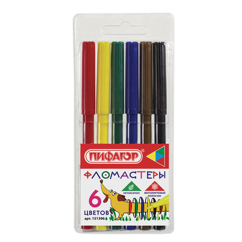 Фломастеры ПИФАГОР "Веселая такса", 6 цветов, вентилируемый колпачок