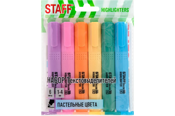 Набор текстовыделителей 6 ПАСТЕЛЬНЫХ ЦВЕТОВ, АССОРТИ, STAFF College "STICK PASTEL", линия письма 1-4