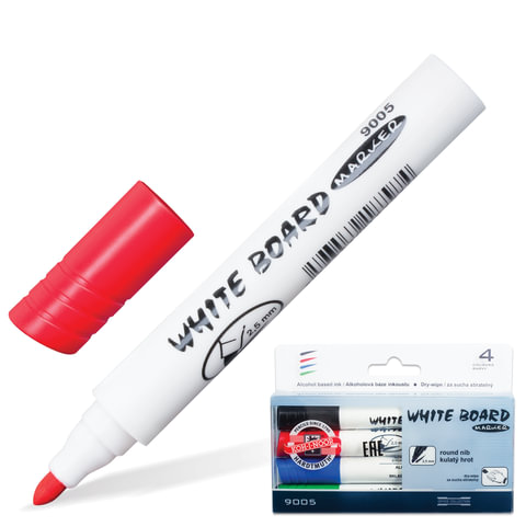 Маркеры для доски KOH-I-NOOR, НАБОР 4шт., кругл.нак. 2,5мм, (чер.,син.,красн.,зел.), 779005JD03PKRU