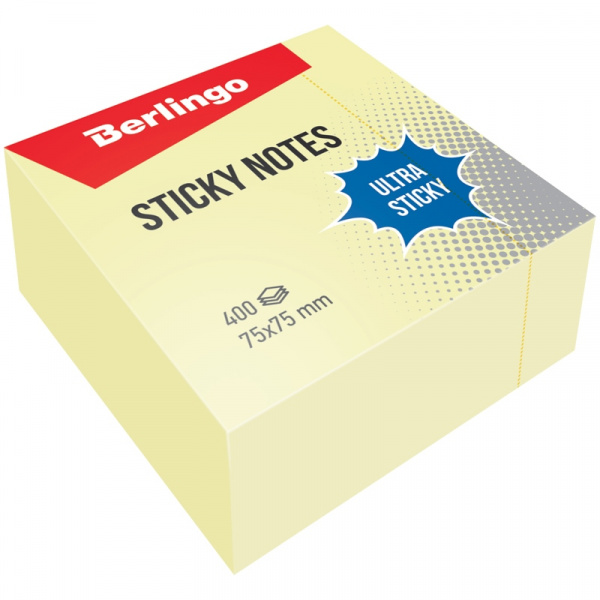 Блок самоклеящийся Berlingo "Ultra Sticky" 75*75мм 400л,, пастель, желтый