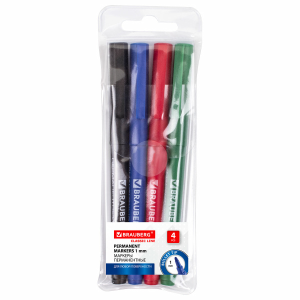 Маркеры перманентные (нестир.) BRAUBERG "CLASSICLine", набор 4 шт., наконеч.1 мм, (чер,син,кр,зел.)