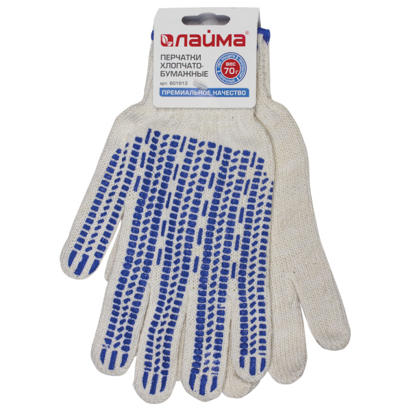 Перчатки х/б ЛАЙМА ПРЕМИУМ, 1 пара, ПВХ защита (протектор), ПРОЧНЫЕ, 7,5 класс, 70г, европодвес, 601