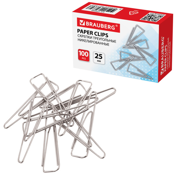 Скрепки BRAUBERG 25 мм, никелированные, треугольные, 100 шт., в картонной коробке