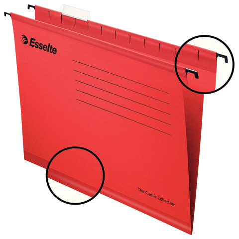 Подвесные папки ESSELTE "Classic", с разделителями, картон, комплект 25 шт., А4, красные, 345х240 м