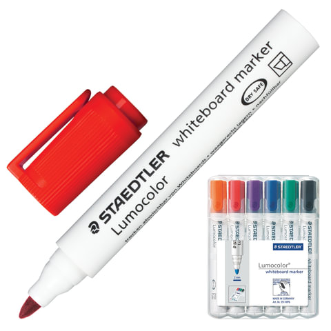 Маркеры для доски STAEDTLER (Штедлер, Германия), набор 6 шт., "Lumocolor", круглые, 2 мм, 351 WP6