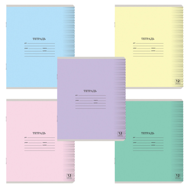 Тетрадь 12л. ЮНЛАНДИЯ КЛАССИЧЕСКАЯ, частая косая линия, обл. картон, АССОРТИ 5 видов