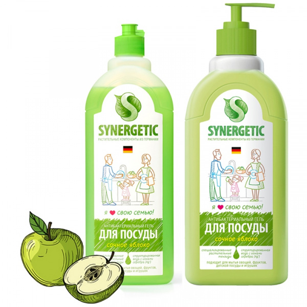 Средство для мытья посуды SYNERGETIC 1л, "Яблоко", антибактериальный, концентрат, без дозатора