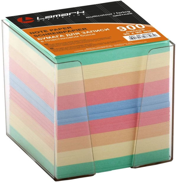 Блок для записей LAMARK 90*90мм 900л цветная в прозрачном пластиковом боксе