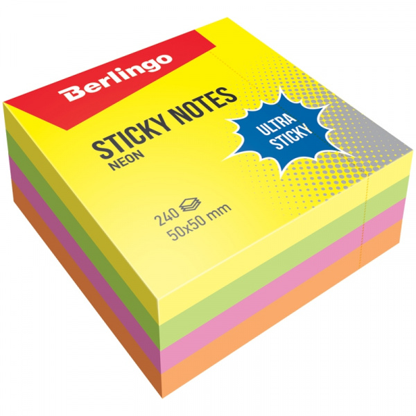 Блок самоклеящийся Berlingo "Ultra Sticky" 50*50мм 240л, 4 неоновых цвета LSn_40102