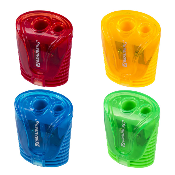 Точилка BRAUBERG "Cell Dual", 2 отверстия, с контейнером, пластиковая, ассорти, 228435