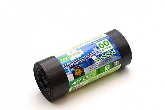 Мешки д/мусора 60л "PREMIUM+" в рулоне 20шт., ПСД 20 мкм, размер 60х70 см, черные