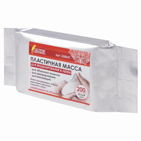 Паста (масса) для моделирования и лепки ОСТРОВ СОКРОВИЩ, самозатвердевающая, 200 г, белая, 228651