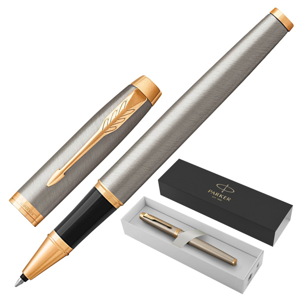 Ручка-роллер PARKER "IM Core Brushed Metal GT", корпус стальной, латунь, позол. детали, 1931663, чер