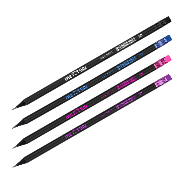 Карандаш ч/г MESHU "Black style", HB, заточен., с печатью, с ластиком, ассорти, туба