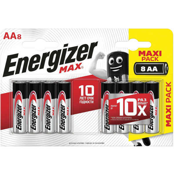 Батарейки КОМПЛЕКТ 8 шт., ENERGIZER Max, AA (LR06, 15А), алкалиновые, пальчиковые, блистер, E3015313