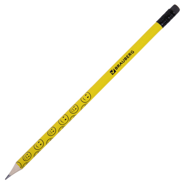 Каранд. ч/г BRAUBERG "Smile" (Смайл), НВ, желтый со смайлами, с резинкой, заточенный, 180654