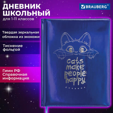 Дневник 1-11 класс 48 л., кожзам (твердая с поролоном), фольга, BRAUBERG HOLIDAY, "Веселый Кот", 106