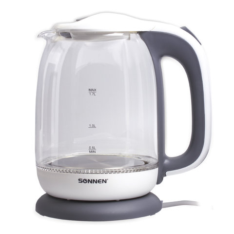 Чайник SONNEN KT-1792, 1,7 л, 2200 Вт, закрытый нагревательный элемент, стекло, белый, подсветка, 45