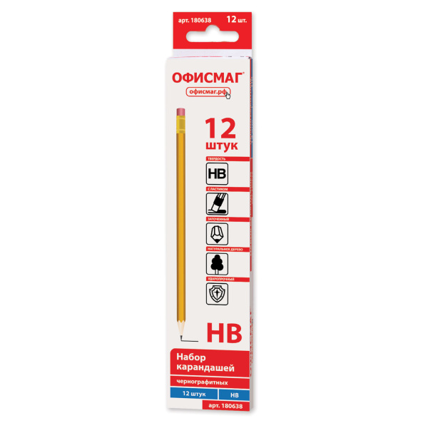 Каранд. ч/г с ласт ОФИСМАГ, НВ, желтый,  заточенные, карт. упаковка, 180638
