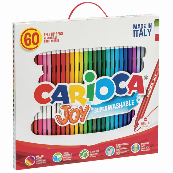 Фломастеры CARIOCA (Италия) "Joy", 60 шт., 30 цветов, суперсмываемые, картонная коробка с ручкой, 41