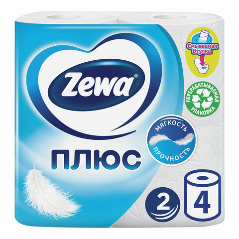 Бумага туалетная Zewa Plus, 2-х слойная, 4шт..х23м, белая