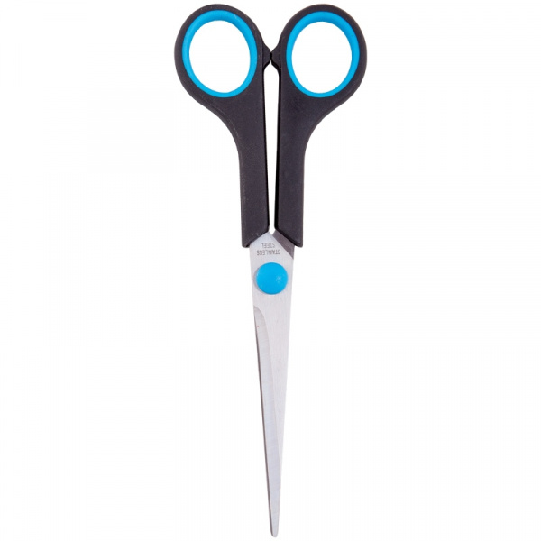 Ножницы OfficeSpace 17,1см, черные с синими вставками, ПВХ чехол с европодвесом