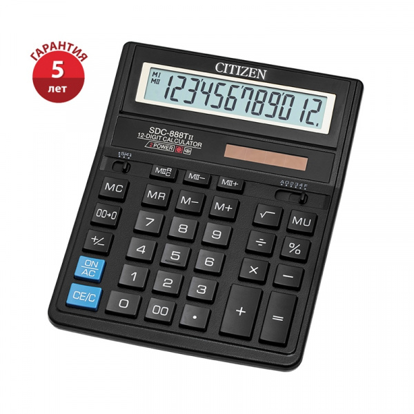 Калькулятор настольный Citizen SDC-888TII, 12 разр., двойное питание, 158*203*31мм, черный