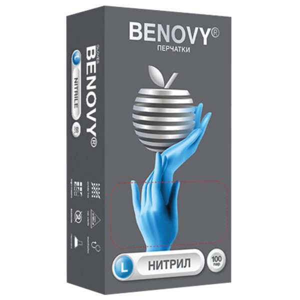 Перчатки нитриловые смотровые 100 пар (200 штук), размер 8-9, L (большой), голубые, BENOVY Nitrile C