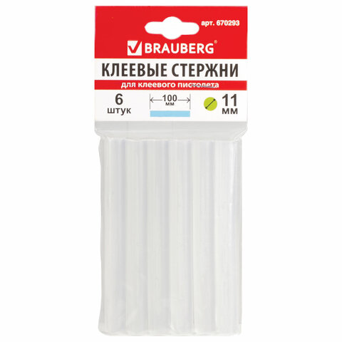 Клеевые стержни, диаметр 11 мм, длина 100 мм, прозрачные, комплект 6 шт., BRAUBERG, европодвес, 6702
