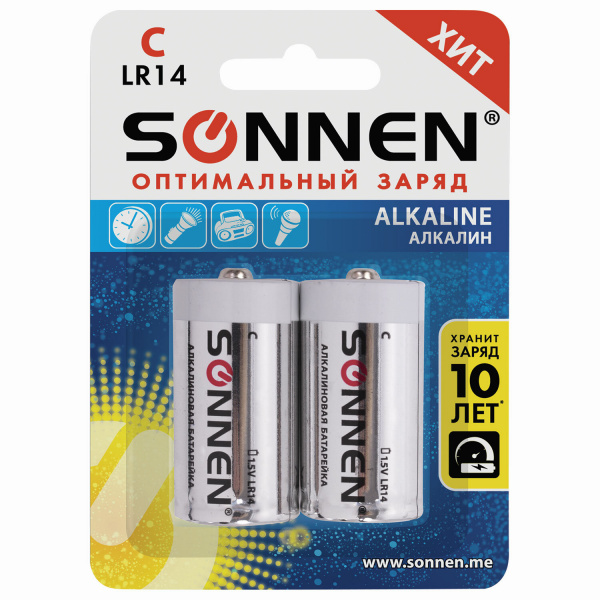 Батарейка SONNEN Alkaline, С (LR14, 14А), алкалиновая, блистер, 451090  Батарейка SONNEN Alkaline, С (LR14, 14А), алкалиновая, блистер, 451090