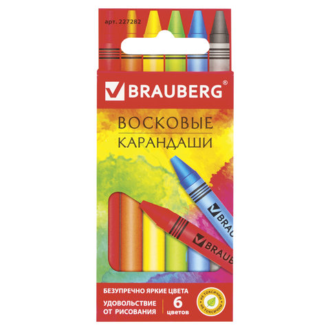 Восковые карандаши BRAUBERG "АКАДЕМИЯ", НАБОР 6 цветов, 227282 
