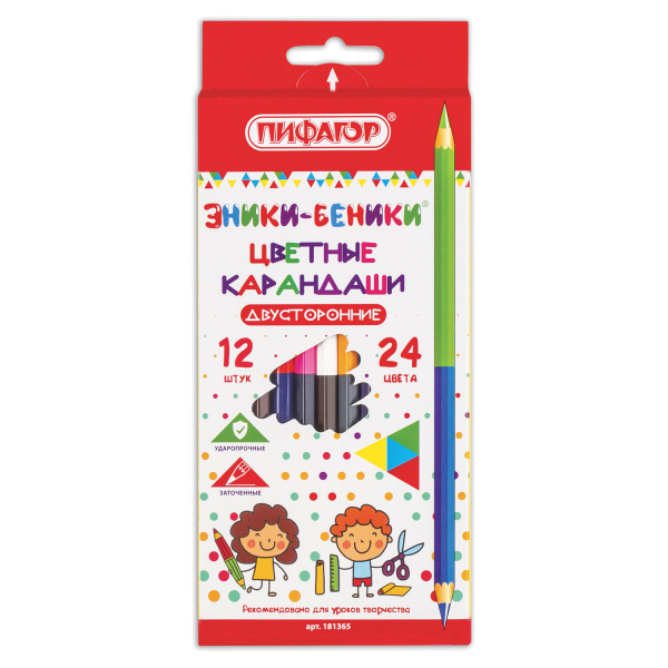 Карандаши двусторонние ПИФАГОР "ЭНИКИ-БЕНИКИ", 12 штук, 24 цветов, заточенные, европодвес, 181365