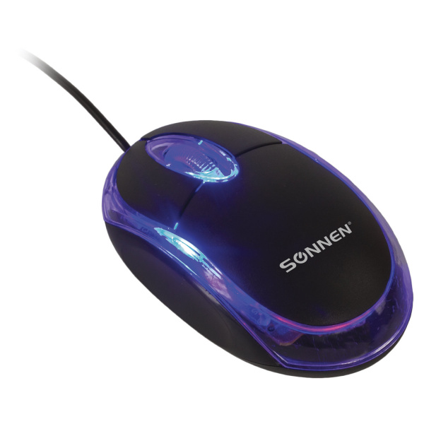 Мышь проводная SONNEN М-204, USB, 1000 dpi, 2 кнопки + колесо-кнопка, оптическая, подсветка, черная,