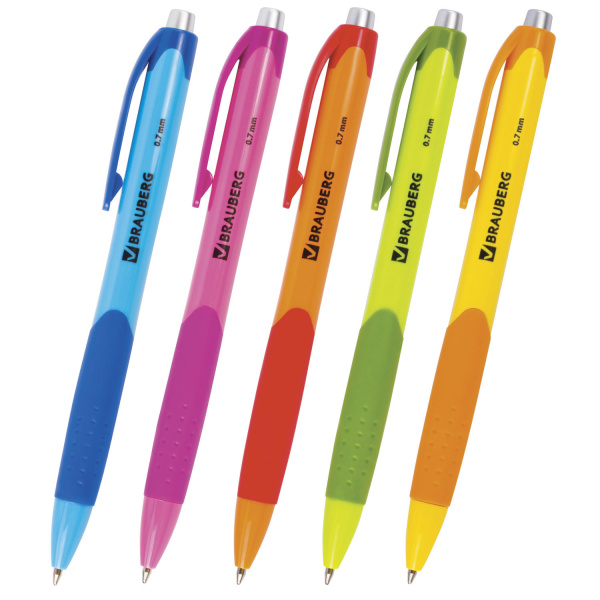 Ручка шариковая BRAUBERG автомат. "Juicy", корпус ассорти, толщ.письма 0,7мм, рез.держ, синяя,141546