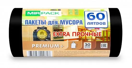 Мешки д/мусора 60л "PREMIUM+" в рулоне 30шт., ПСД 20 мкм, размер 60х70 см, черные