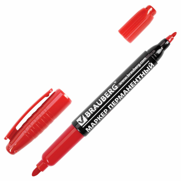 Маркер перманентный (нестираемый) BRAUBERG двусторонний, круглый наконечник 2-4мм, красный, 150838