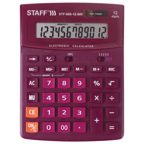 Калькулятор STAFF настольный STF-888-12-WR, 12 разр., двойное питание, БОРДОВЫЙ, 200х150мм, 250454