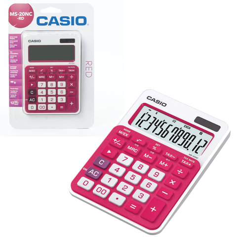 Калькулятор CASIO настольный MS-20NC-RD-S, 12 разряд, двойное питание, 150х105мм, блистер, бел/красн
