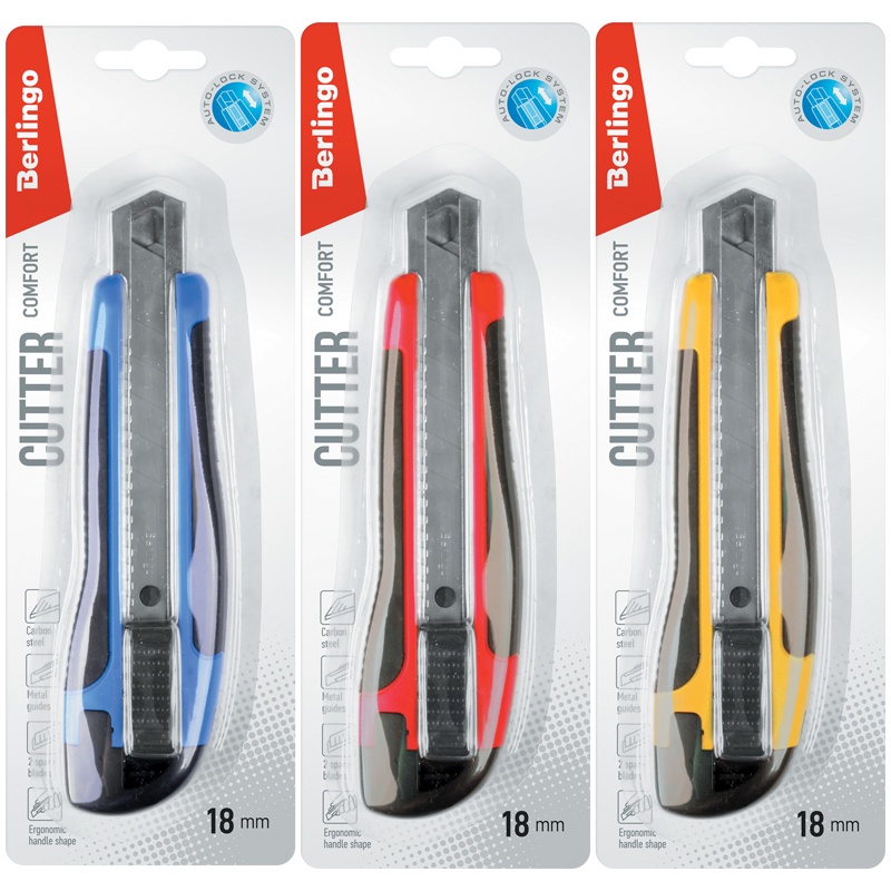 Нож канцелярский 18мм Berlingo "Comfort", auto-lock, металл. направл., мяг. вст., 2 зап.лезвия, евро