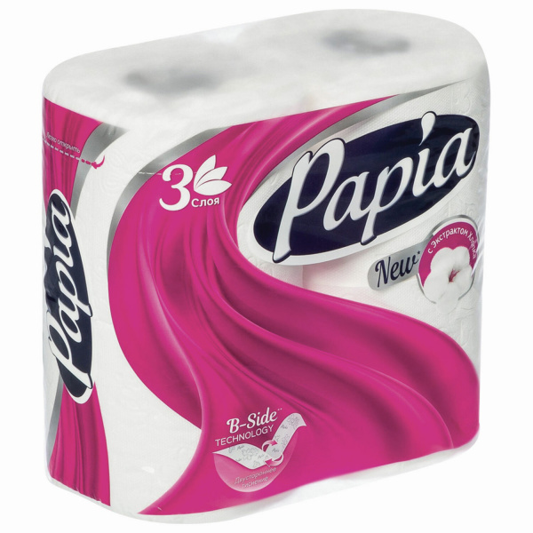 Бумага туалетная PAPIA 3-слойная, 4шт. х16,8м, белая  