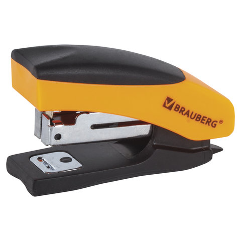 Степлер эргономичный BRAUBERG "Getze", №10 мини, до 12 листов, антистеплер, черно-оранжевый, 226857