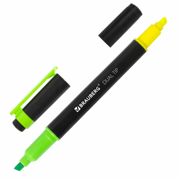 Текстмаркер BRAUBERG двусторонний, скошенный наконечник 1-4 мм, лимонный/зеленый, 150841